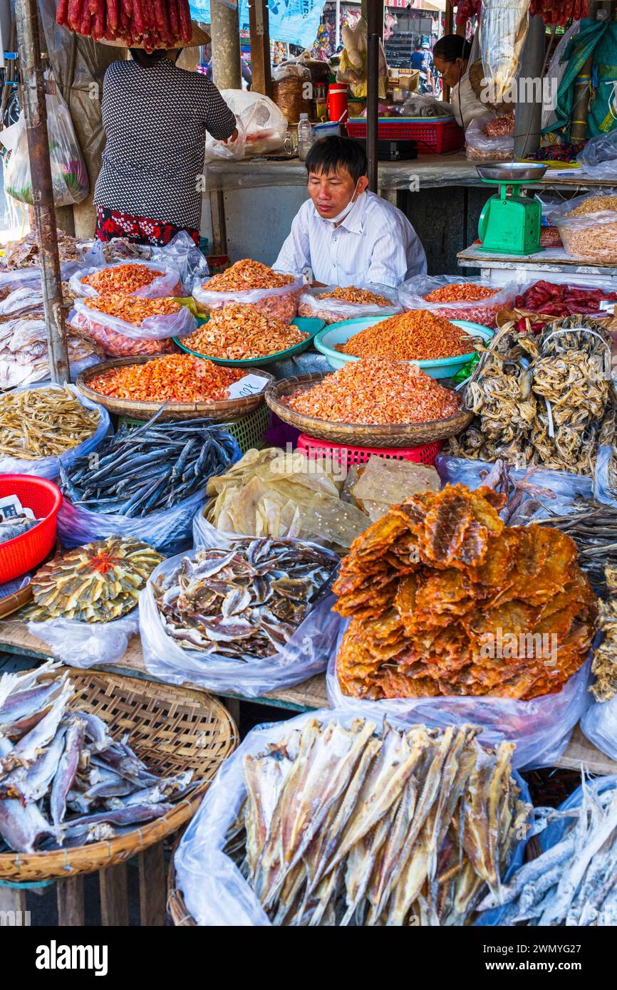 Vietnam, Delta del Mekong, tra Vinh, il mercato, la stalla di pesci secchi e gamberi Foto Stock
