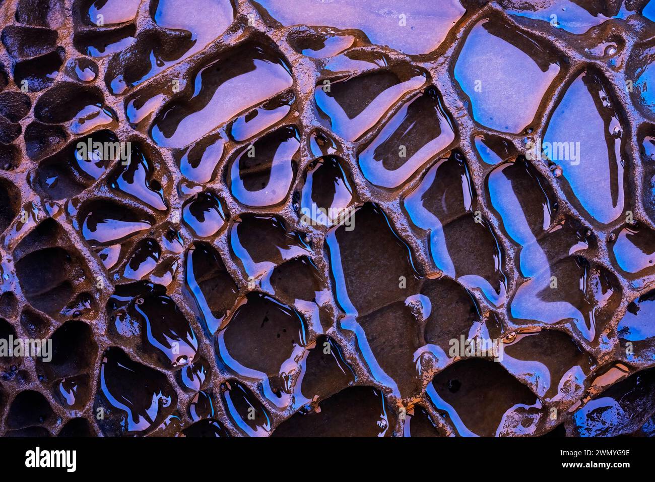 Primo piano di brillanti batteri di biofilm ricchi di ferro che coprono rocce strutturate sulla spiaggia di una vecchia miniera di llumeres, le Asturie, che mostrano la bellezza naturale Foto Stock