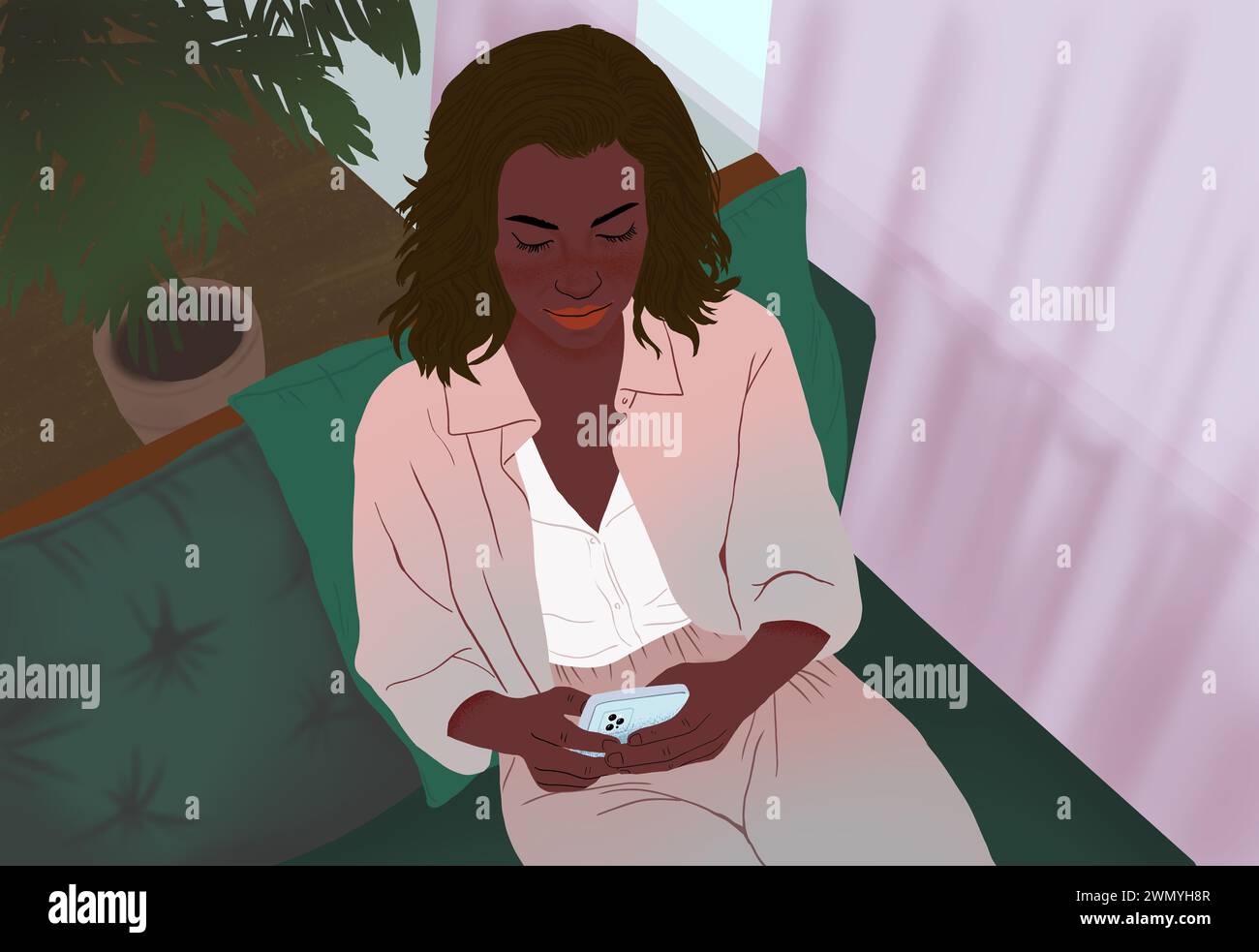 Una donna illustrata gode di un momento tranquillo sul divano di casa, controllando il suo smartphone con un sorriso sottile. Foto Stock