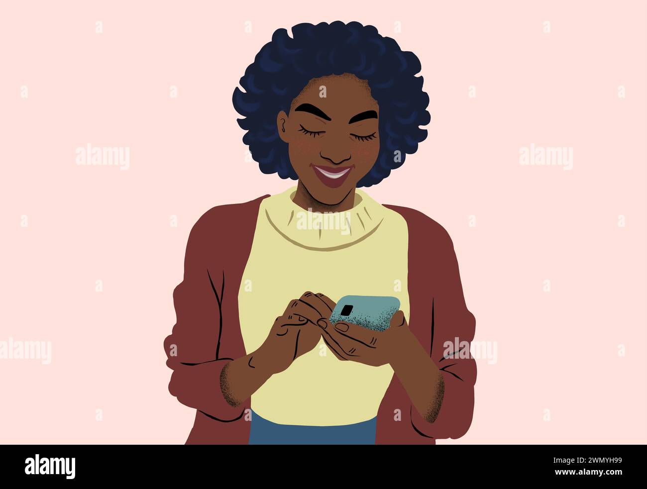 Una donna allegra ama usare il suo smartphone, concentrandosi sulla comunicazione moderna. Foto Stock