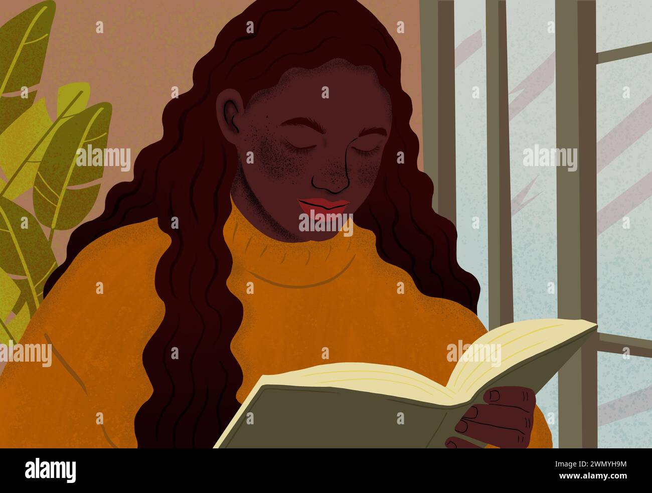 Un'illustrazione di donna nera in un ambiente accogliente è assorbita dalla lettura di un libro, irradiando un senso di pace e soddisfazione. Foto Stock