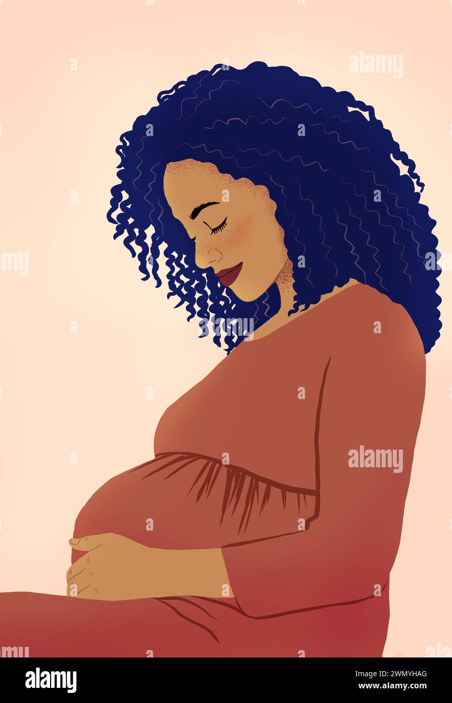 Un ritratto illustrato di una madre etnica in attesa di contenuti che tiene delicatamente il suo bambino, irradiando calma e amore materno. Foto Stock