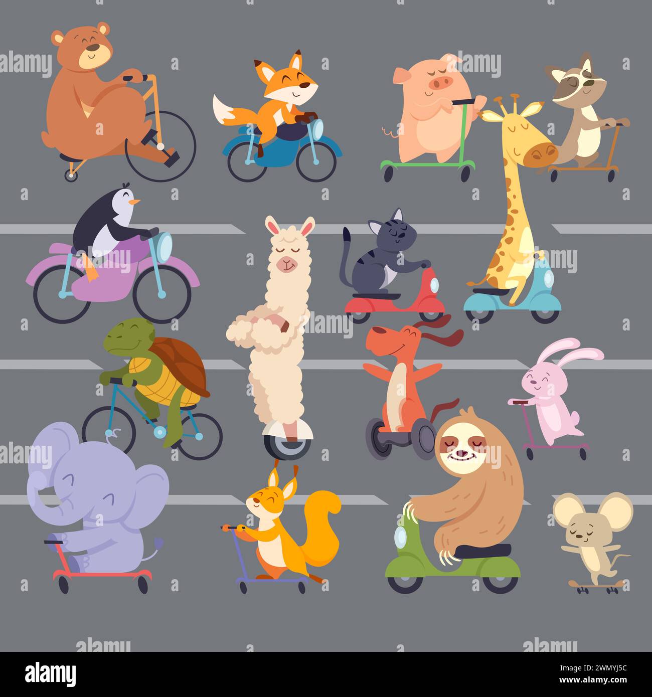 Animali su strada cartoni animati divertenti animali che corrono in bicicletta Illustrazione Vettoriale