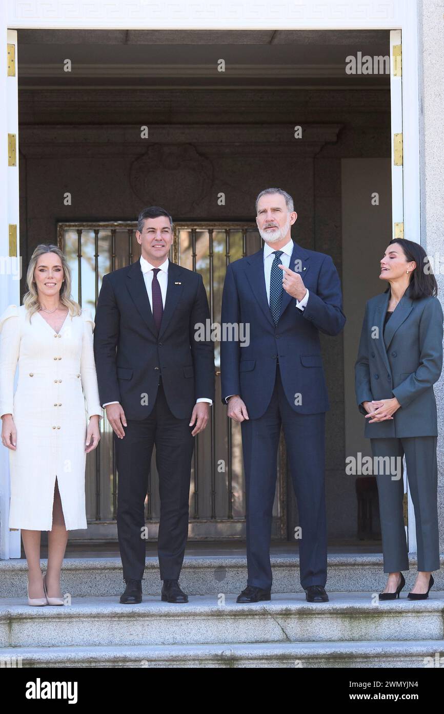 Madrid. Spagna. 20240228, re Felipe vi di Spagna, regina Letizia di Spagna, Santiago pena Palacios, Leticia Ocampos partecipa a un pranzo in onore del presidente del Paraguay e della moglie al Palazzo Zarzuela il 28 febbraio 2024 a Madrid, Spagna Foto Stock