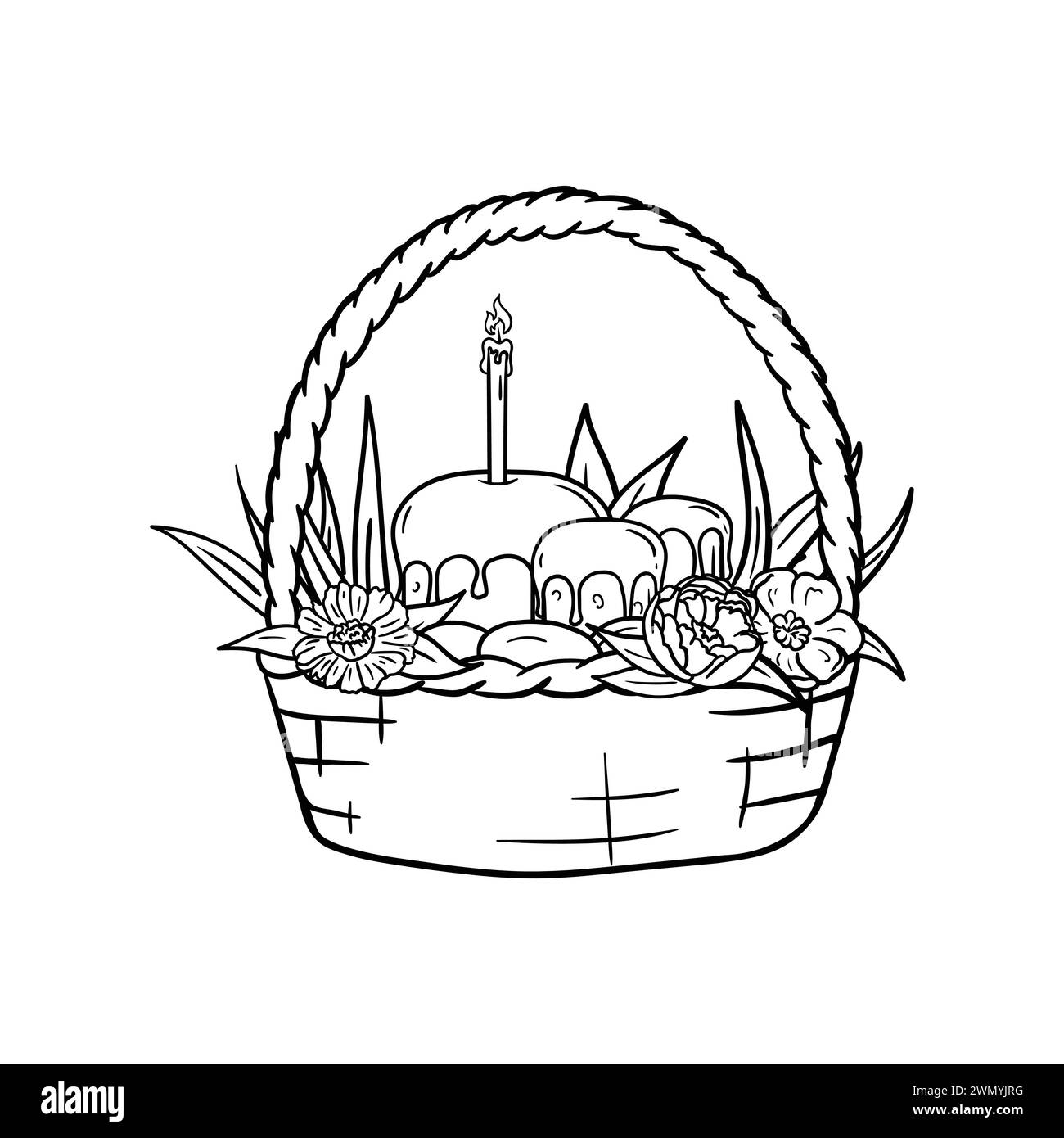 Cestino con torte di Pasqua, uova, candela della chiesa, fiori e erba. Libro da colorare, illustrazione in bianco e nero per la scheda Illustrazione Vettoriale