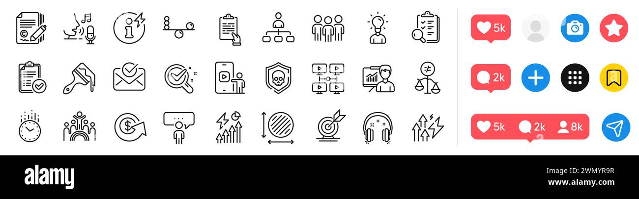 Pacchetto di icone delle linee di raggruppamento, inclusione e presentazione. Per applicazioni Web. Icone dei social media. Vettore Illustrazione Vettoriale