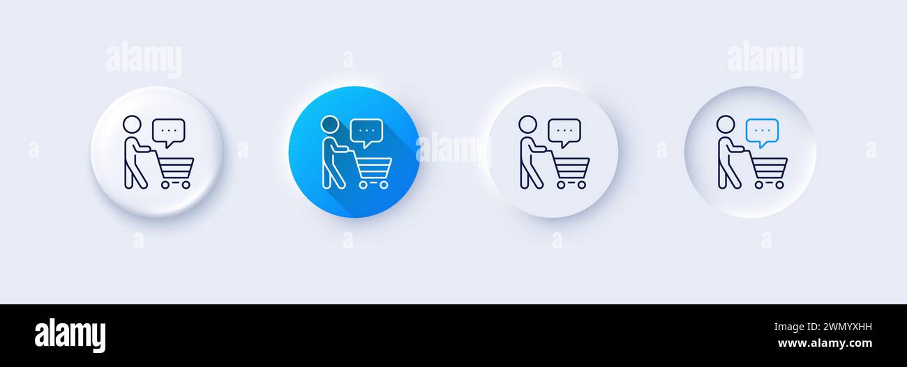 Acquirente con icona della linea del carrello. Segnale di bolla del pensiero del cliente. Icone di linea. Vettore Illustrazione Vettoriale