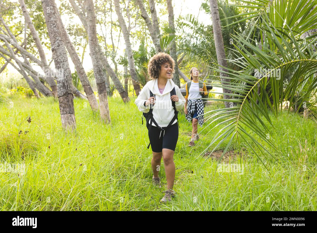 Una donna birazziale conduce un'escursione con un amico nella foresta lussureggiante, godendosi la natura. Foto Stock