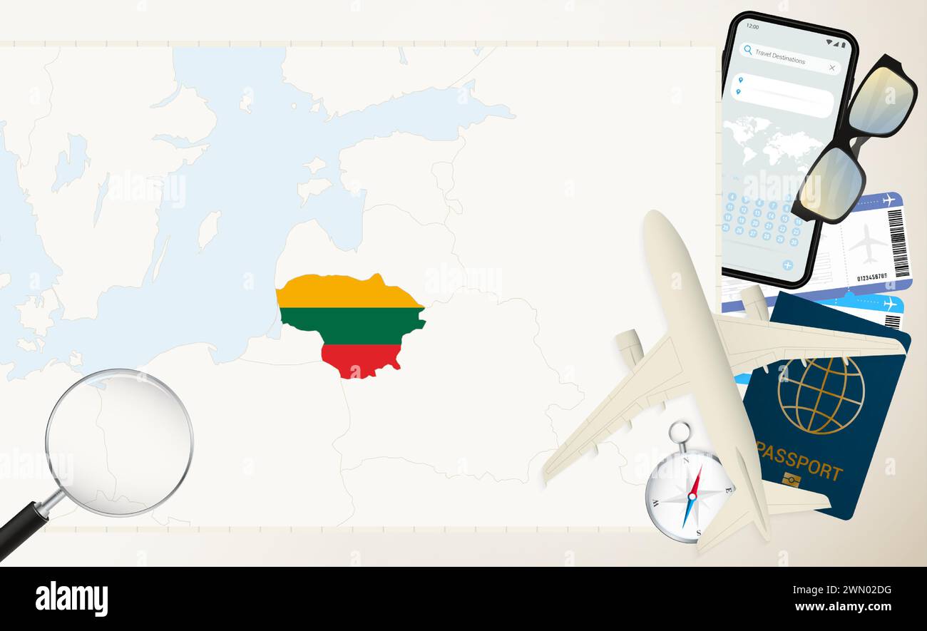 Mappa e bandiera della Lituania, aereo da carico sulla mappa dettagliata della Lituania con bandiera, passaporto, lente d'ingrandimento e aereo. Modello vettoriale. Illustrazione Vettoriale