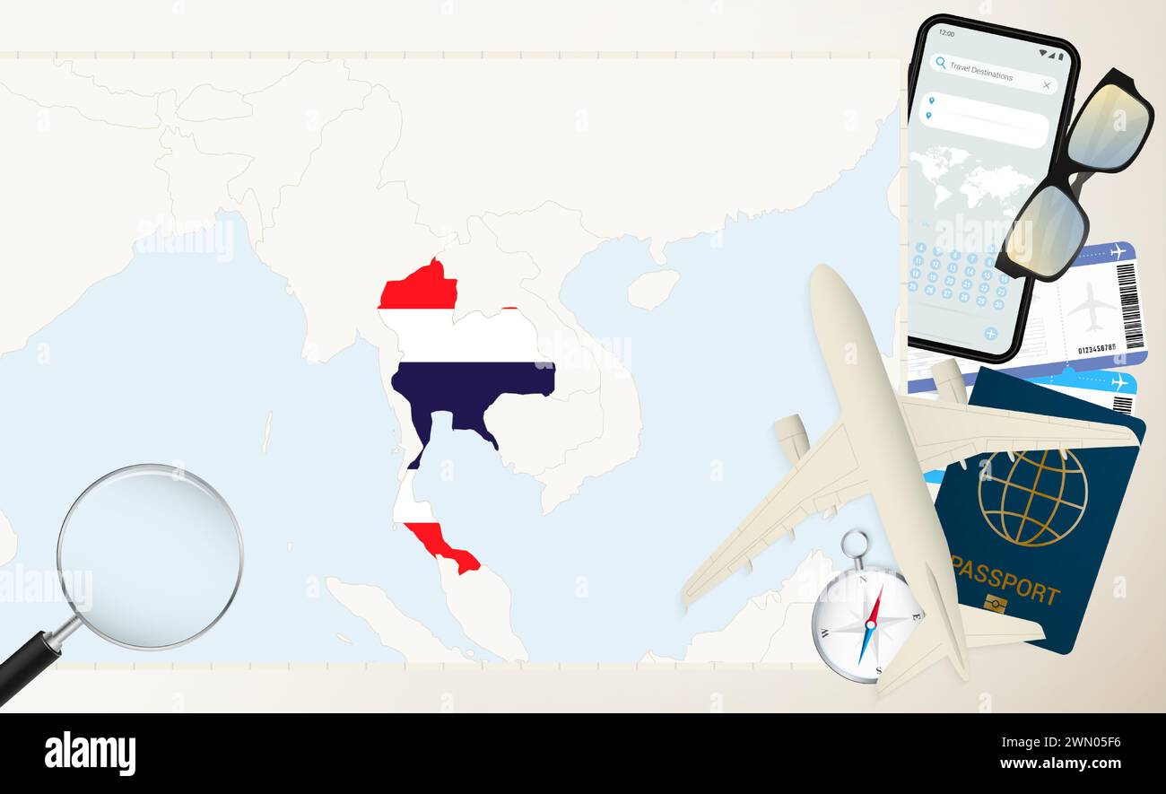 Mappa e bandiera della Thailandia, aereo cargo sulla mappa dettagliata della Thailandia con bandiera, passaporto, lente d'ingrandimento e aereo. Modello vettoriale. Illustrazione Vettoriale