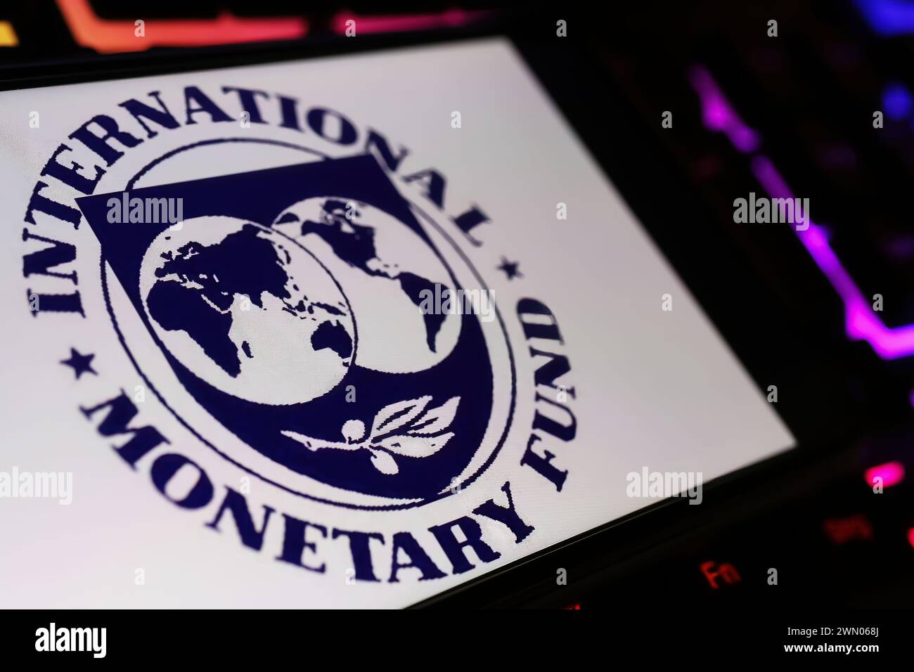 Viersen, Germania - 9 gennaio. 2024: Schermo dello smartphone con logo del fondo monetario internazionale del FMI su tastiera del computer Foto Stock
