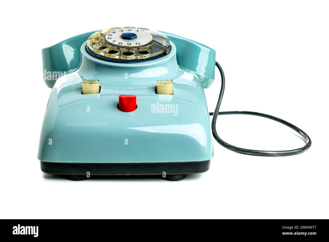 Classico telefono rotante blu isolato su uno sfondo bianco, che simboleggia la comunicazione rétro Foto Stock