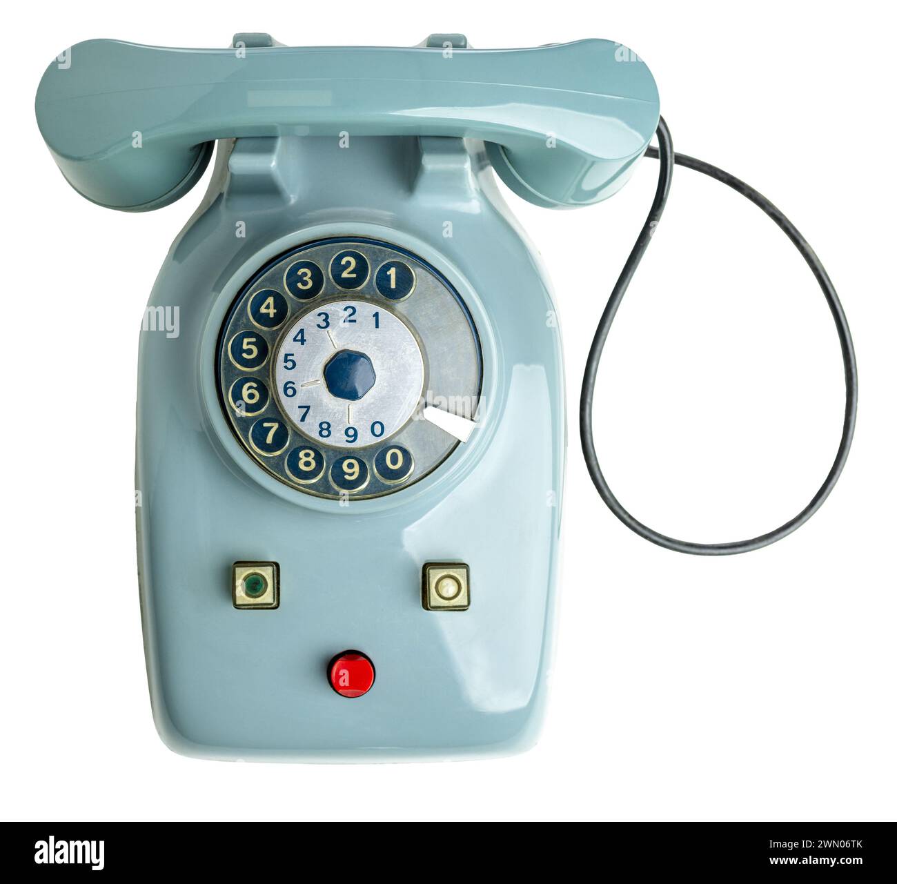 Telefono con quadrante rotativo blu classico isolato, un ritorno alla comunicazione della metà del XX secolo Foto Stock