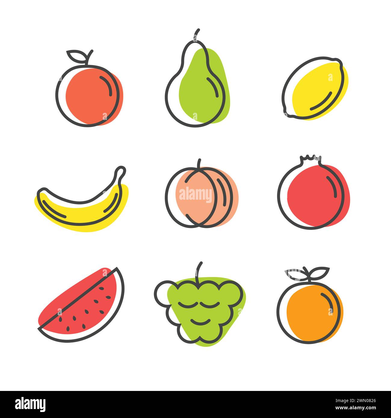 Set di frutta in linea. Frutti tropicali con contorno di colore. Illustrazione vettoriale di stile lineare isolata su sfondo bianco. Illustrazione Vettoriale