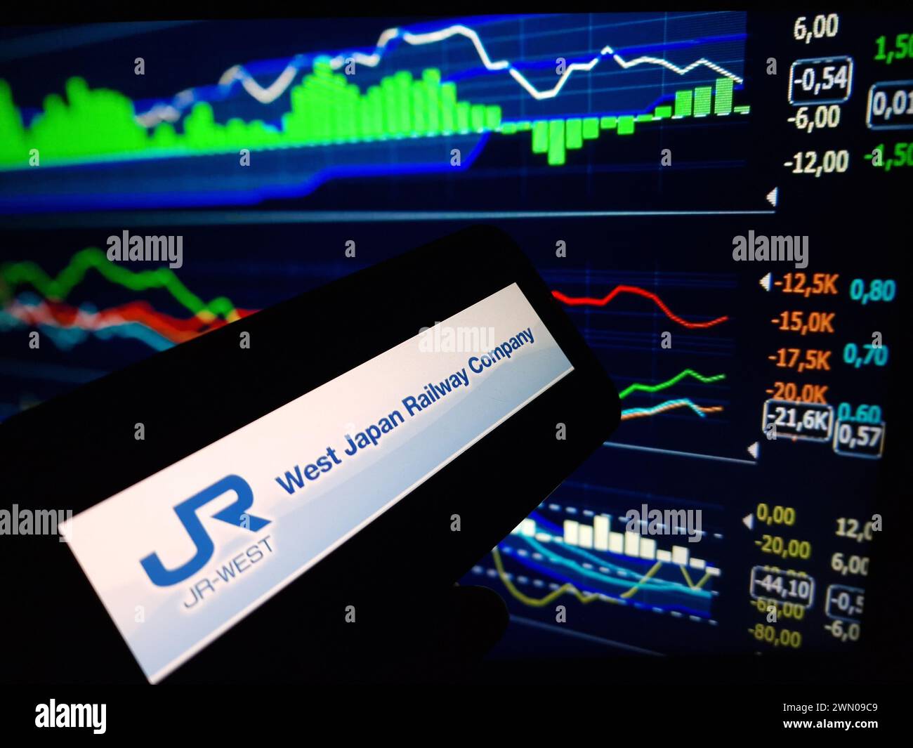 Konskie, Polonia - 24 febbraio 2024: Logo della West Japan Railway Company visualizzato sul telefono cellulare Foto Stock