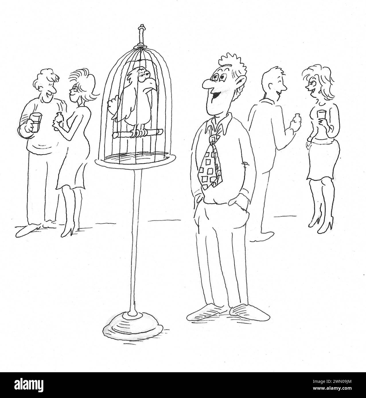 Illustrazione del cartone animato BW che mostra un uomo introverso che parla con un pappagallo al cocktail party. Foto Stock