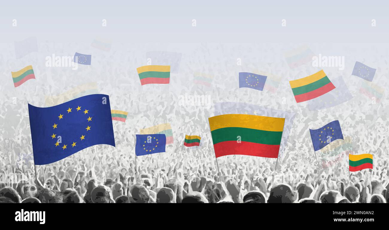 Folla con bandiera dell'Unione europea e della Lituania, popolo della Lituania con bandiera dell'UE. Illustrazione vettoriale. Illustrazione Vettoriale