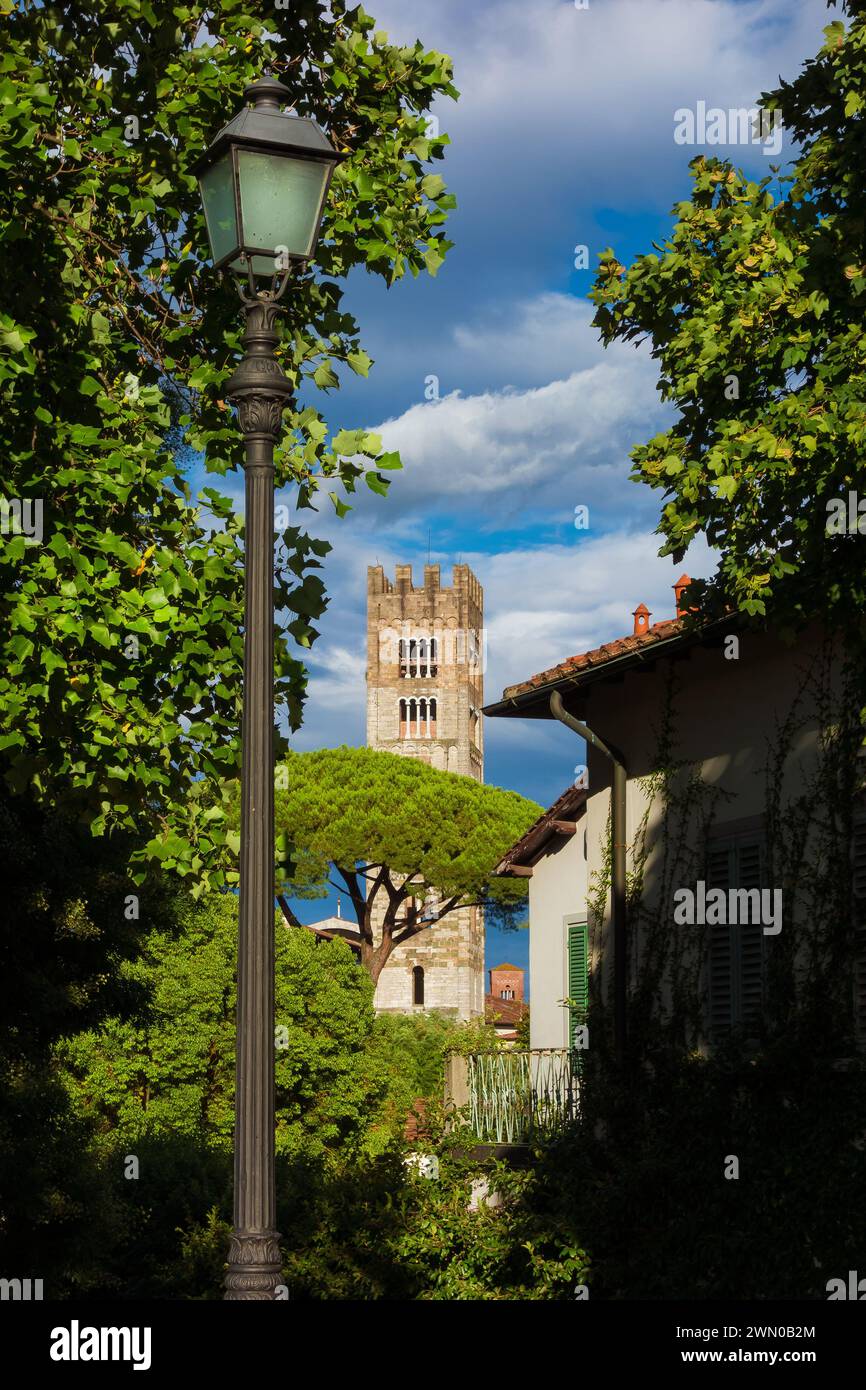 Vista sul centro storico di Lucca con il campanile medievale di San Frediano Foto Stock