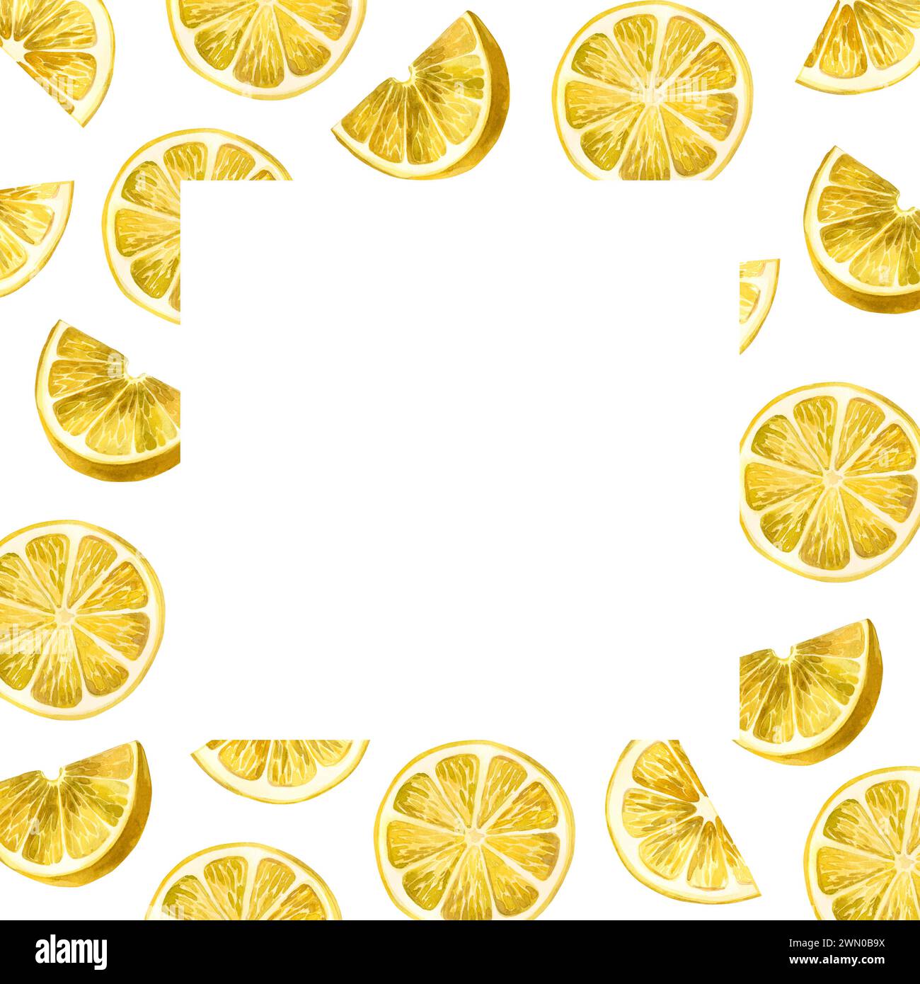 Illustrazione acquerello. Cornice quadrata di fette di limone gialle disegnate ad acquerello su sfondo bianco. Adatto per la stampa su tessuto e carta Foto Stock