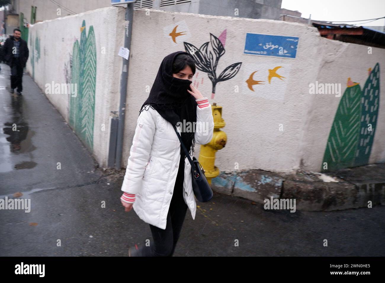 Teheran, Iran. 28 febbraio 2024. Una donna iraniana cammina davanti alle prossime elezioni, a Teheran. Gli iraniani il 1° marzo 2024 votano per i nuovi membri del parlamento iraniano e per l'Assemblea degli esperti, l'organo incaricato di nominare il leader supremo iraniano. Il leader supremo dell'Iran ha esortato gli elettori a farsi avanti il 1° marzo e a mostrare ai nemici della Repubblica islamica un processo elettorale forte e fervente per il parlamento e l'Assemblea degli esperti chiave. (Credit Image: © Rouzbeh Fouladi/ZUMA Press Wire) SOLO PER USO EDITORIALE! Non per USO commerciale! Foto Stock