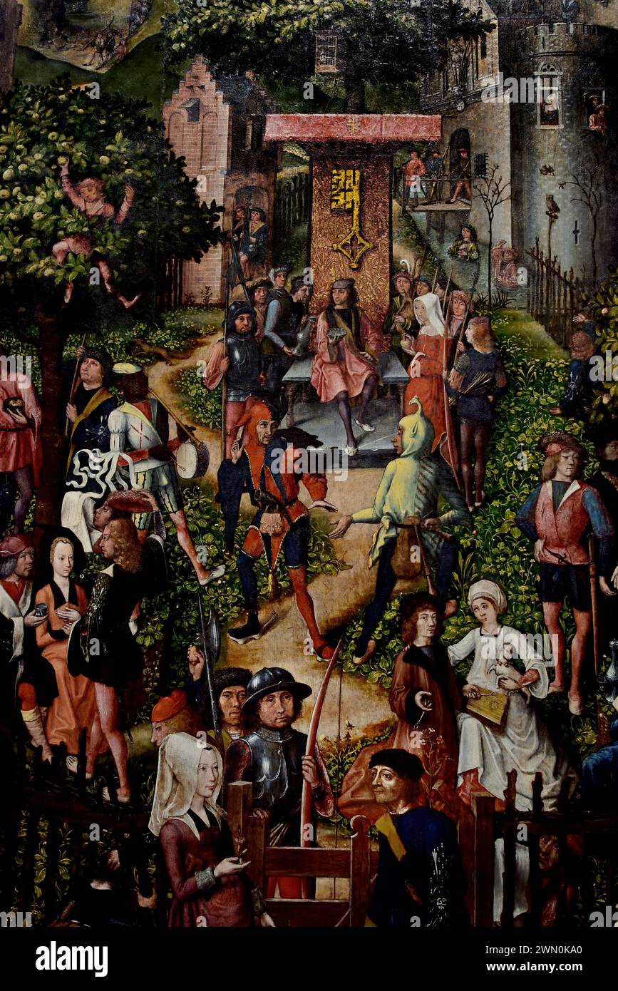 Festival degli Arcieri - Schuttersfeest 1493 di Meister von Frankfurt, Meester van Frankfurt, Museo reale di Belle Arti, Anversa, Belgio, Belgio. ( Nel XV secolo, le città dei Paesi Bassi si sono affidate a milizie civiche per aiutare a mantenere l'ordine pubblico. Le corporazioni armate come questa rappresentavano anche la loro città in feste altrove, e organizzavano concorsi e feste proprie. Un festival ben frequentato messo in scena da una delle quattro compagnie balestre di Anversa è quello che vediamo qui. L'ospite era la "Gilda del Vecchio arco", che possedeva il dipinto per molti anni. Foto Stock