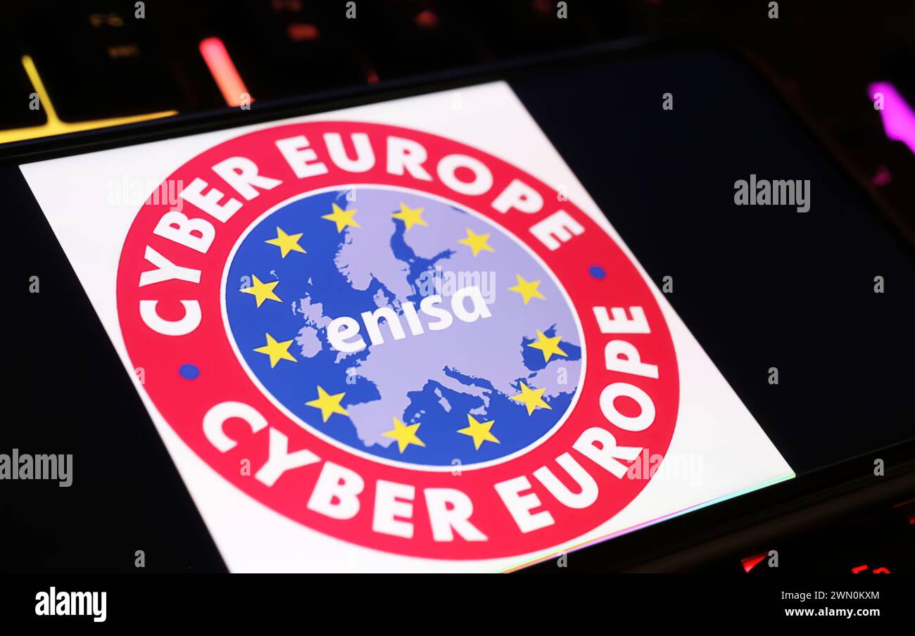 Viersen, Germania - 9 gennaio. 2024: Schermo dello smartphone con logo dell'Agenzia dell'Unione europea per la cibersicurezza (ENISA) sulla tastiera del computer Foto Stock