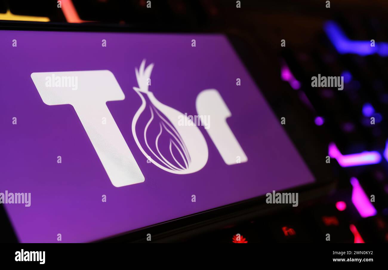Viersen, Germania - 9 gennaio. 2024: Schermo dello smartphone con logo del browser Darknet Tor Onion sulla tastiera del computer Foto Stock