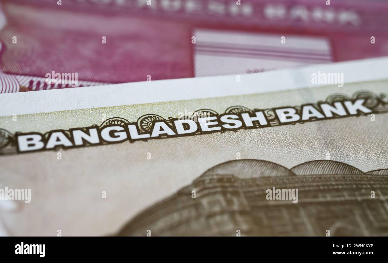 Primo piano della banconota Taka della banca del Bangladesh (focalizzazione sul centro) Foto Stock