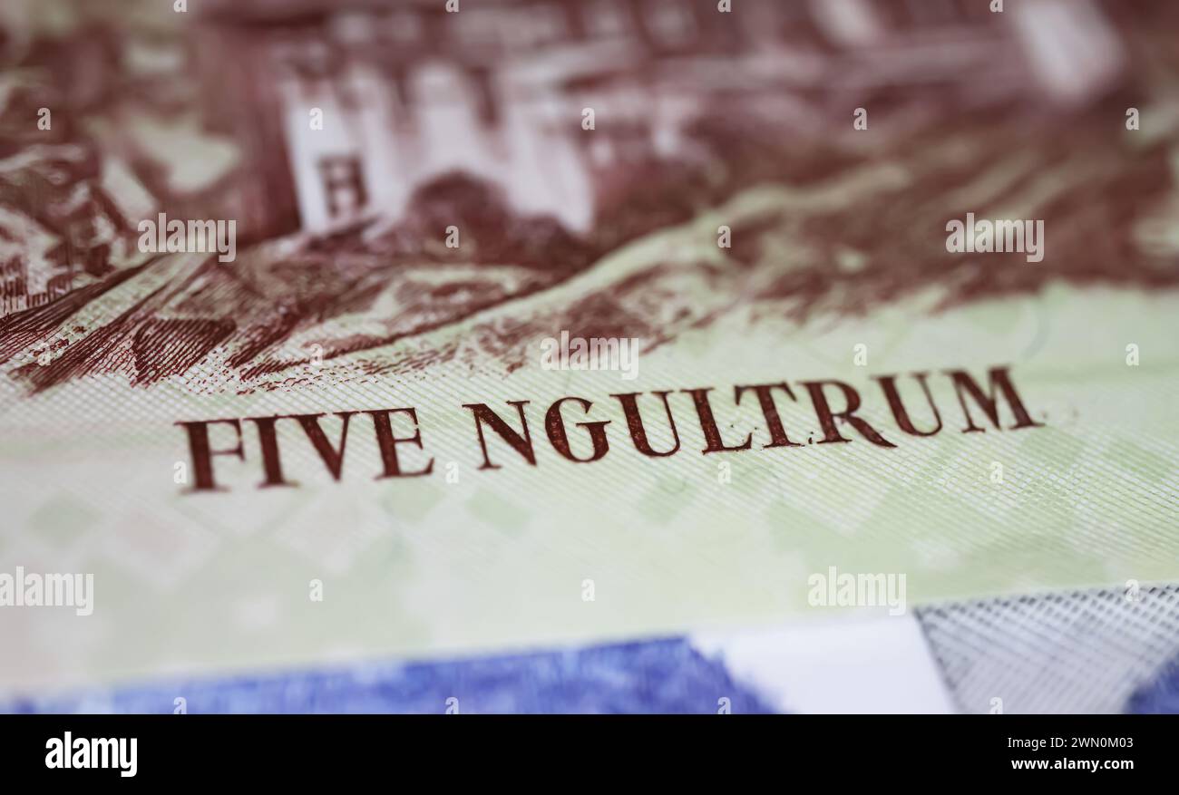 Primo piano della vecchia banconota in carta del Ngultrum del bhutan (focalizzazione sul centro del lettering) Foto Stock