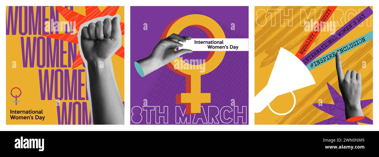 Illustrazione del set di carte vettoriali della giornata internazionale delle donne 8 marzo. Raccolta di poster per l'equità e la parità di genere. Mani umane in un elegante colore mezzetinte Illustrazione Vettoriale