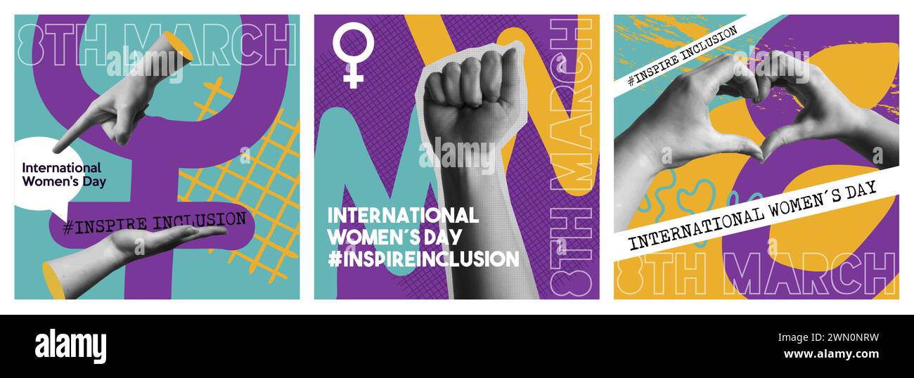 Illustrazione del set di carte vettoriali della giornata internazionale delle donne 8 marzo. Raccolta di poster per l'equità e la parità di genere. Mani umane in un elegante colore mezzetinte Illustrazione Vettoriale