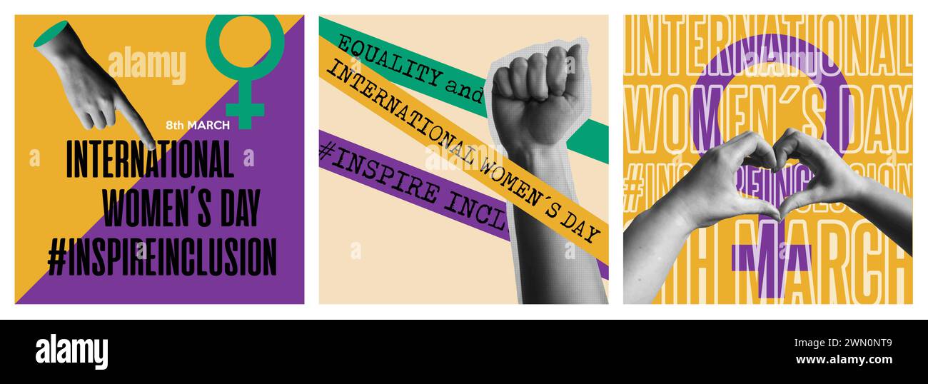 Illustrazione del set di carte vettoriali della giornata internazionale delle donne 8 marzo. Raccolta di poster per l'equità e la parità di genere. Mani umane in un elegante colore mezzetinte Illustrazione Vettoriale