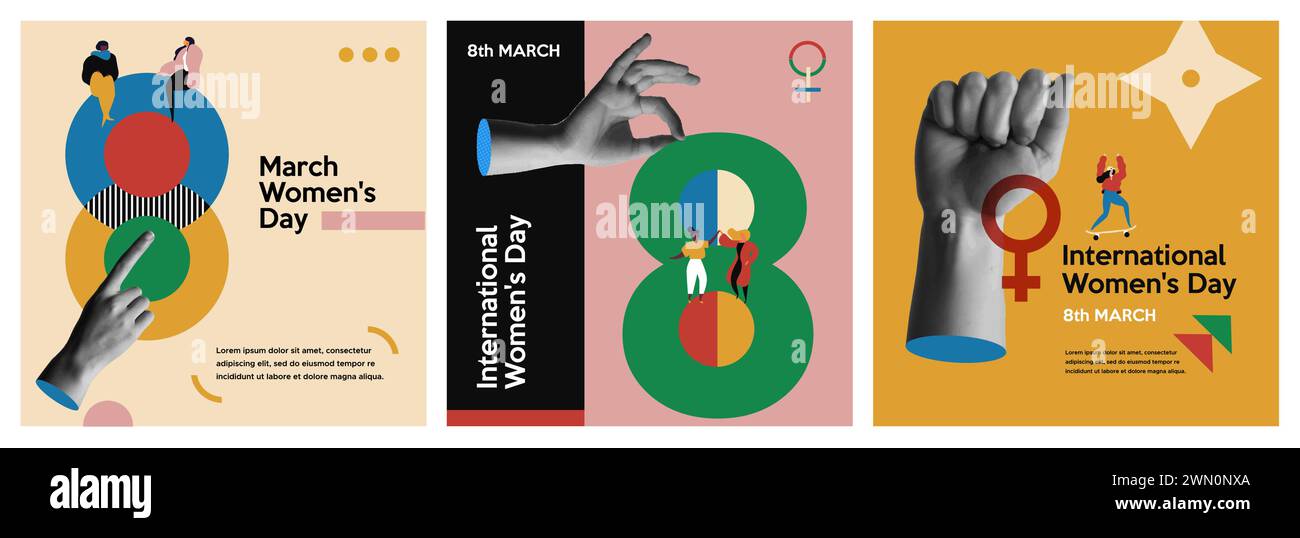 Illustrazione del set di carte vettoriali della giornata internazionale delle donne 8 marzo. Raccolta di diversità donne insieme per la parità di genere. Mani umane nella trendy hal Illustrazione Vettoriale
