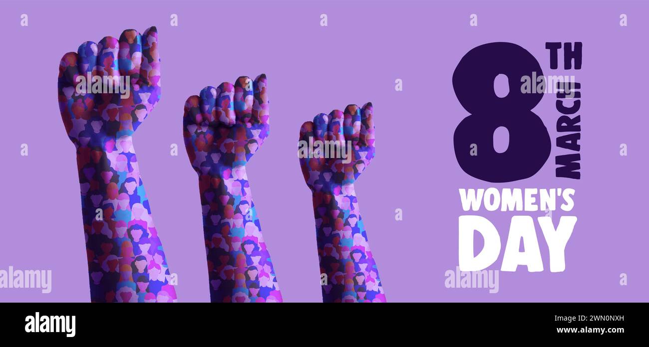 Biglietto giornaliero internazionale della donna in illustrazione vettoriale. Il pugno della donna per la lotta per l'uguaglianza di genere in un collage retrò e in uno stile di design misto Illustrazione Vettoriale