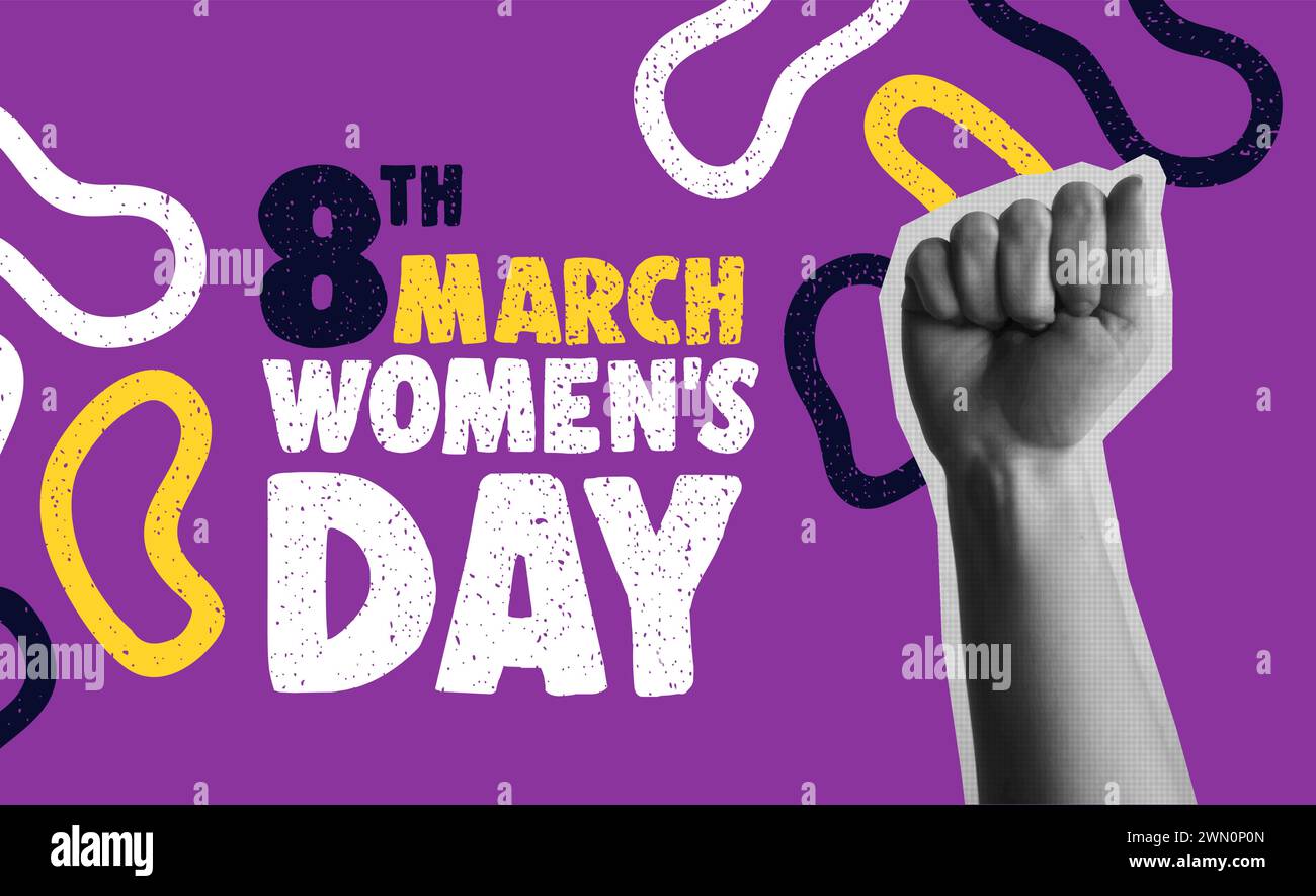 Illustrazione vettoriale della carta International Womens Day 8th March. Il simbolo femminista di pari diritti e potere femminile. Mano umana in mezzitoni alla moda c Illustrazione Vettoriale