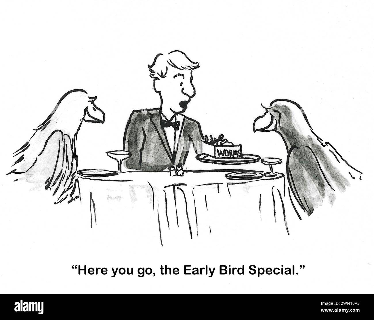 Fumetto BW di una coppia di uccelli in una cena al ristorante. Prendono i vermi. Foto Stock
