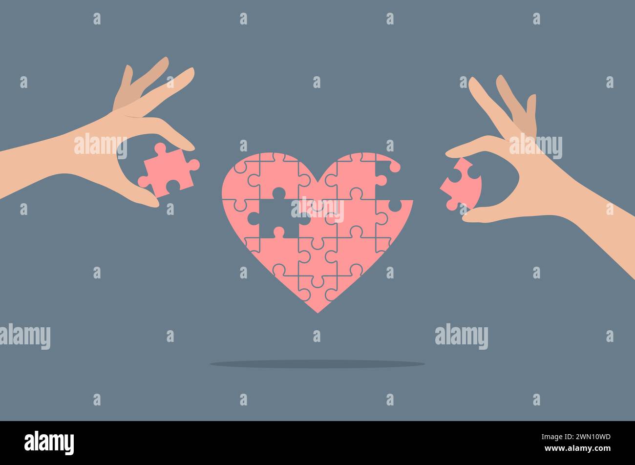 Un cuore di puzzle e due mani che ci mettono pezzi mancanti. Illustrazione vettoriale piatta Illustrazione Vettoriale Un cuore di puzzle e due mani che ci mettono pezzi mancanti. Illustrazione vettoriale piatta Illustrazione Vettoriale