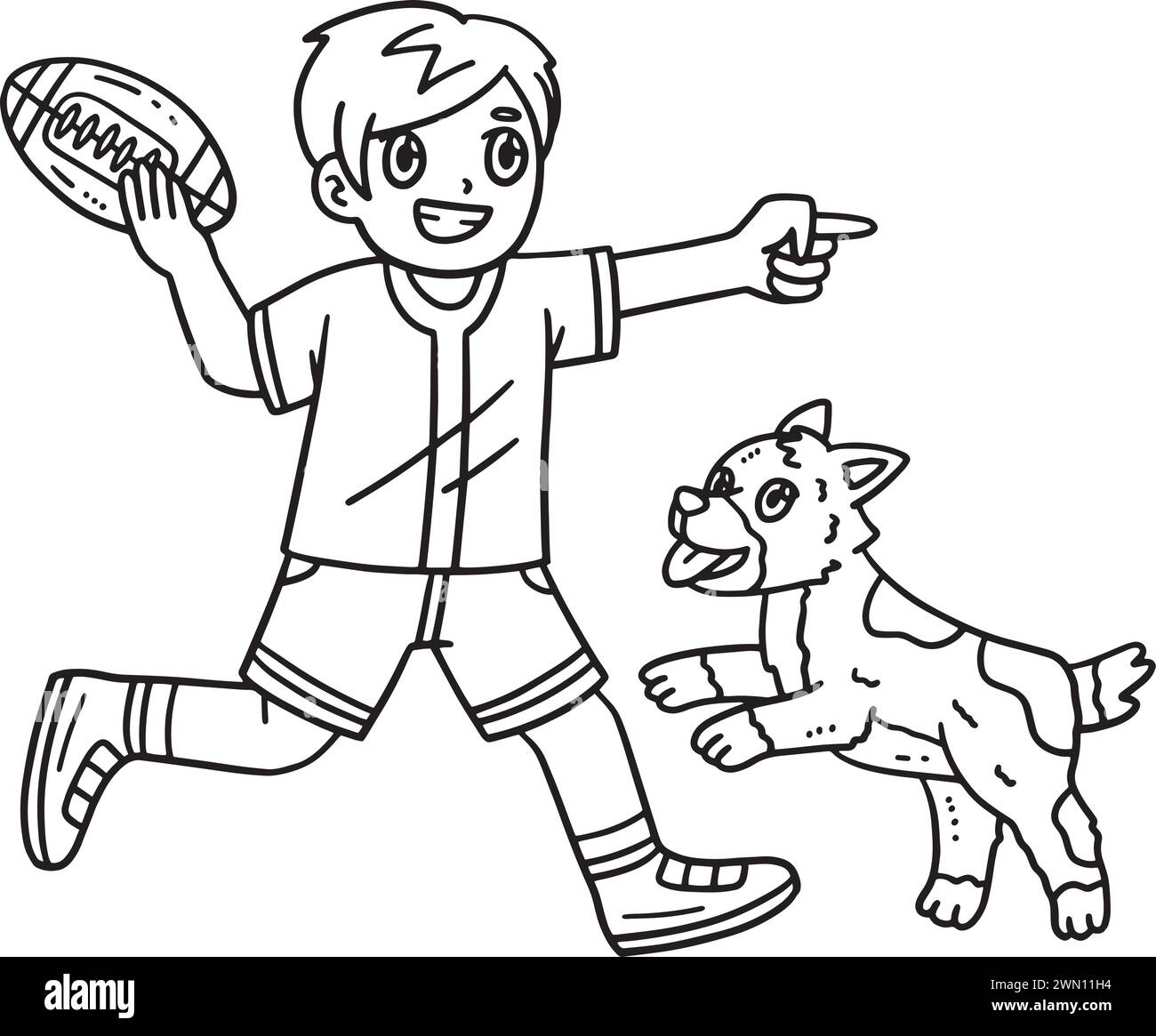 American Football Boy che gioca con un cane isolato Illustrazione Vettoriale