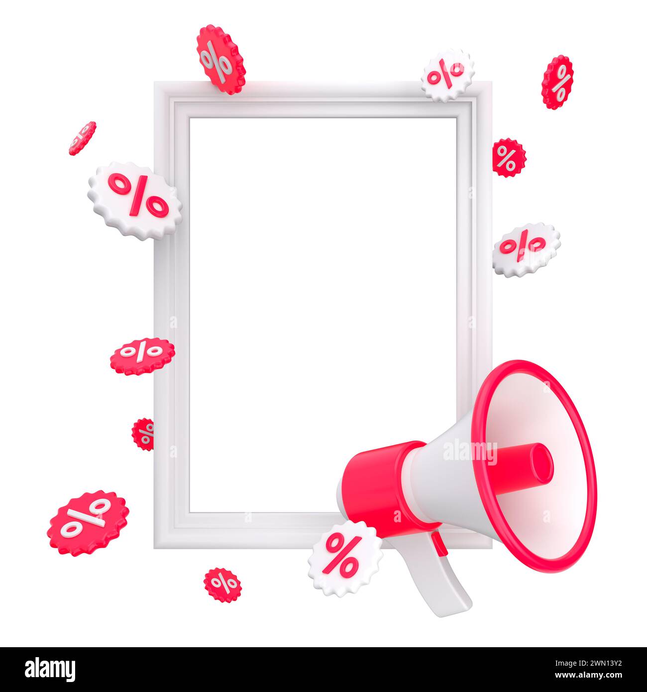 Cornice bianca con megafono e emblema percentuale per vendite isolate. Offrire un modello promozionale. rendering 3d. Foto Stock