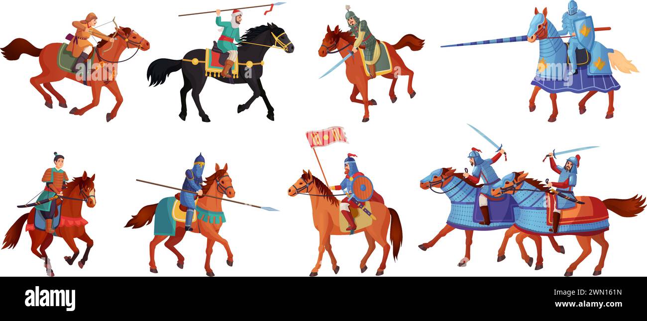 Guerrieri di cavalli. Antico guerriero corazzato mongolo o russo che corre su cavalli, samurai cavaliere con spada storica battaglia soldato medievale cavaliere, ingegnoso vettoriale illustrazione di guerriero a cavallo Illustrazione Vettoriale