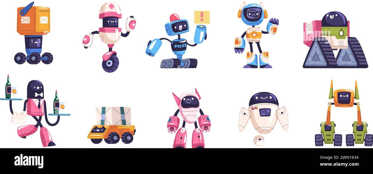 Caratteri droidi. Robot di gioco a cartoni animati, mascotte robot android retro o futuristica, tecnologia Army Future del servizio di robotica, illustrazione vettoriale di gioco robotico, personaggio droide Illustrazione Vettoriale