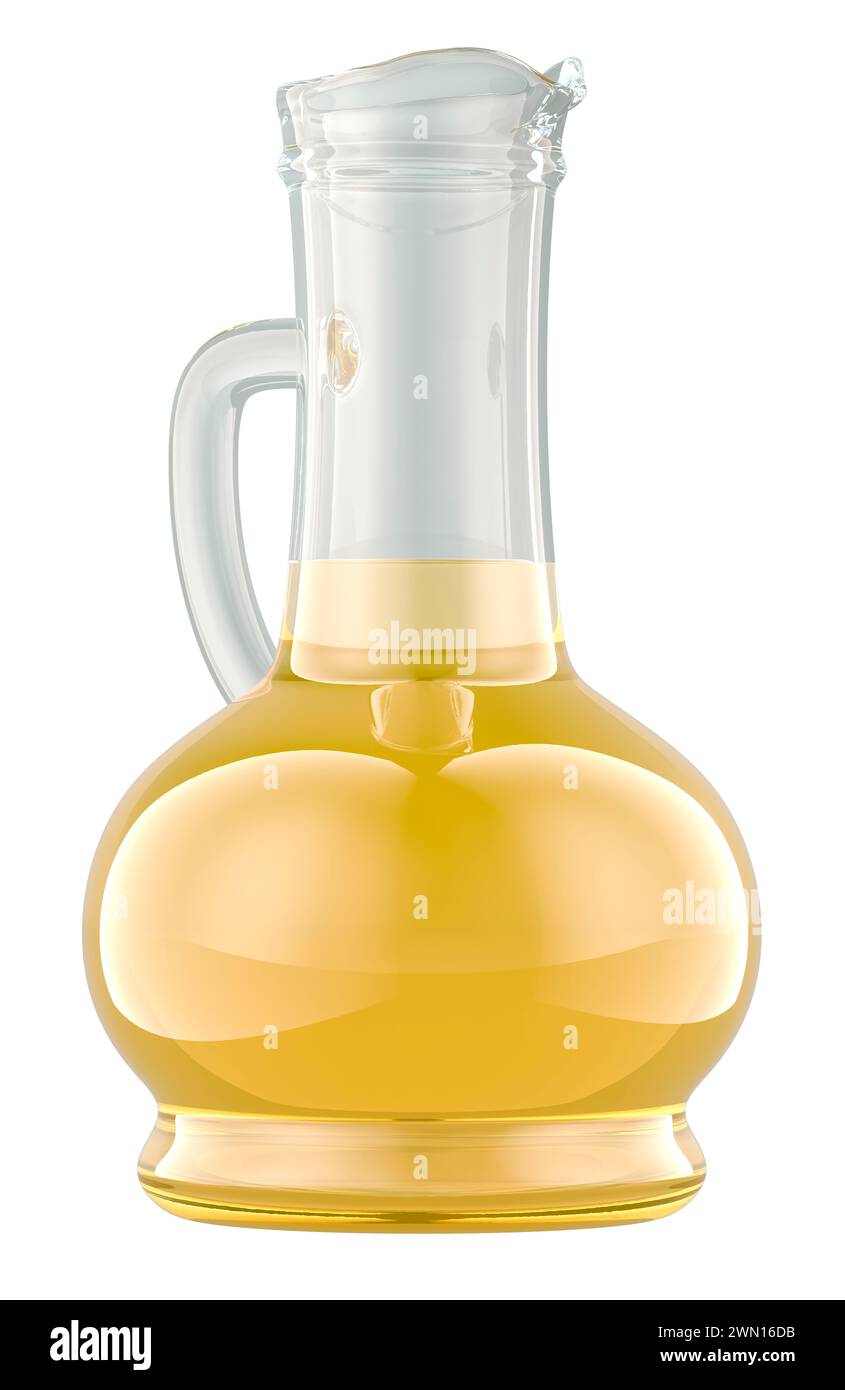 Bottiglia di olio da cucina. Flacone in vetro di olio giallo. Rendering 3D isolato su sfondo bianco Foto Stock