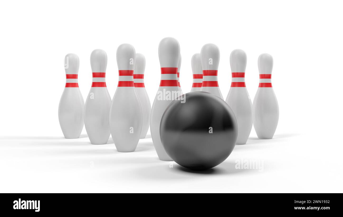 Palla da bowling e birilli isolati su sfondo bianco. illustrazione 3d. Foto Stock