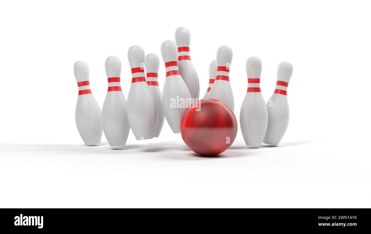 Palla da bowling e birilli isolati su sfondo bianco. Sciopero. illustrazione 3d. Foto Stock