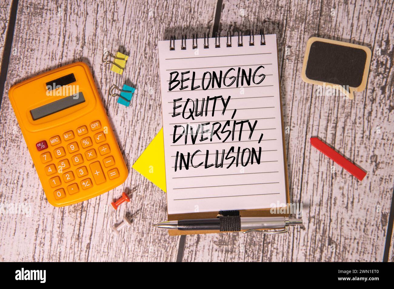 Equità, diversità, inclusione, appartenenza. Testo su notebook con caffè e occhiali da vista. Affari, segnali Foto Stock