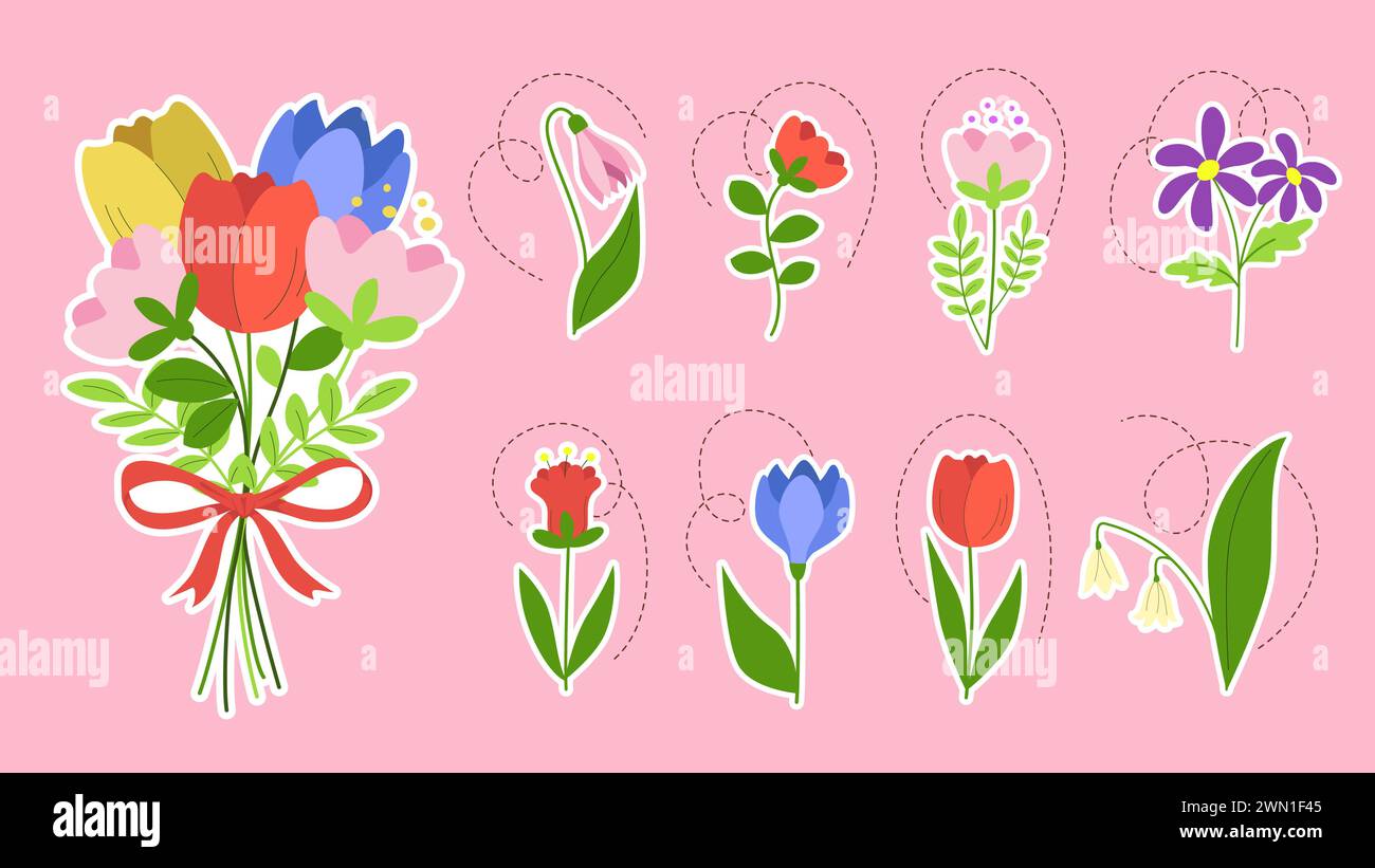 Set di fiori primaverili, rami floreali e foglie verdi. Elementi botanici in fiore multicolore per i progetti. Illustrazione vettoriale piatta isolata, stic Illustrazione Vettoriale