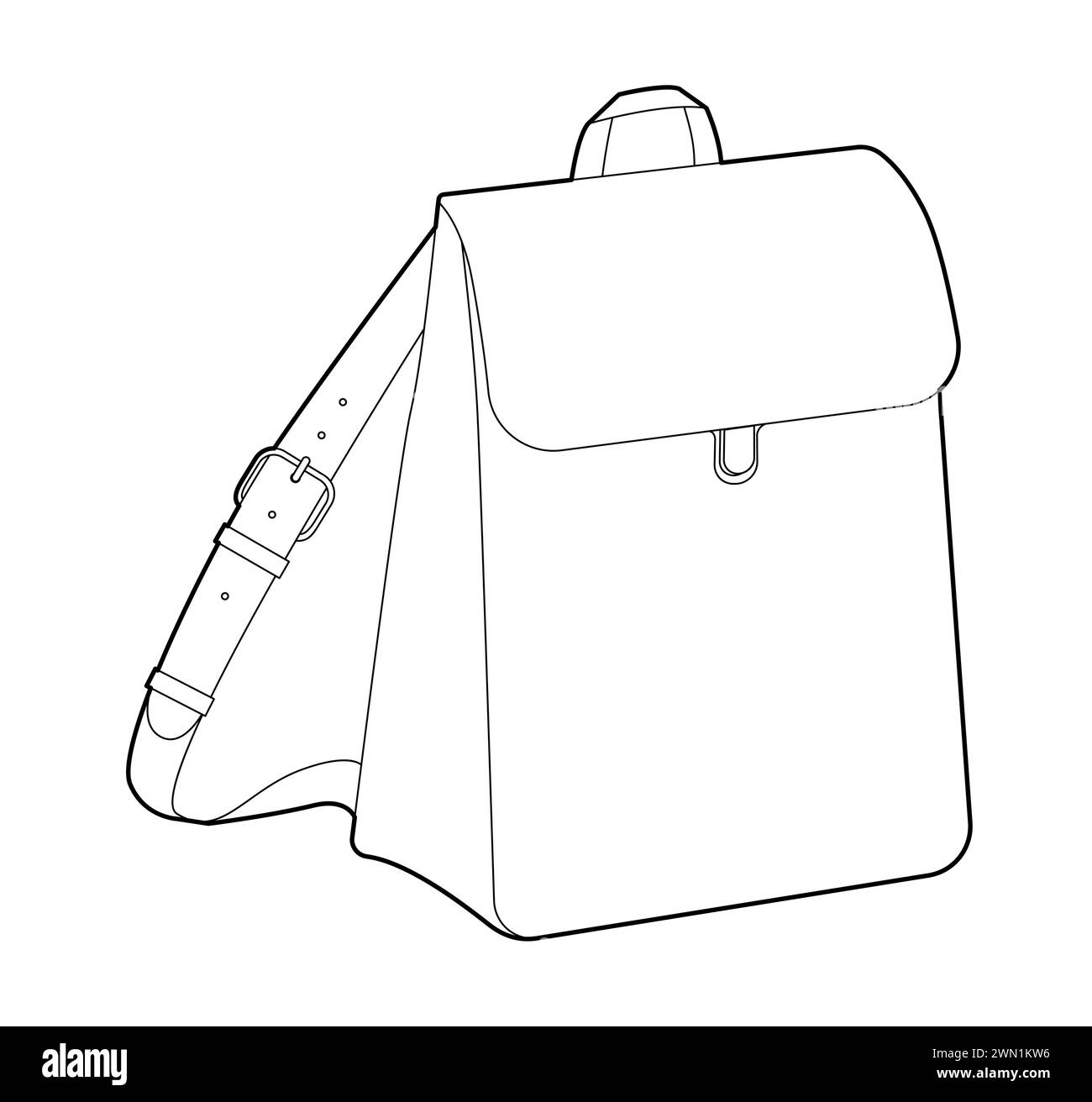 Borsa slim-fit con silhouette a zaino. Illustrazione tecnica degli accessori alla moda. Borsa scolastica vettoriale a 3-4° per uomo, donna, modello unisex, borsa piatta con disegno CAD isolato Illustrazione Vettoriale
