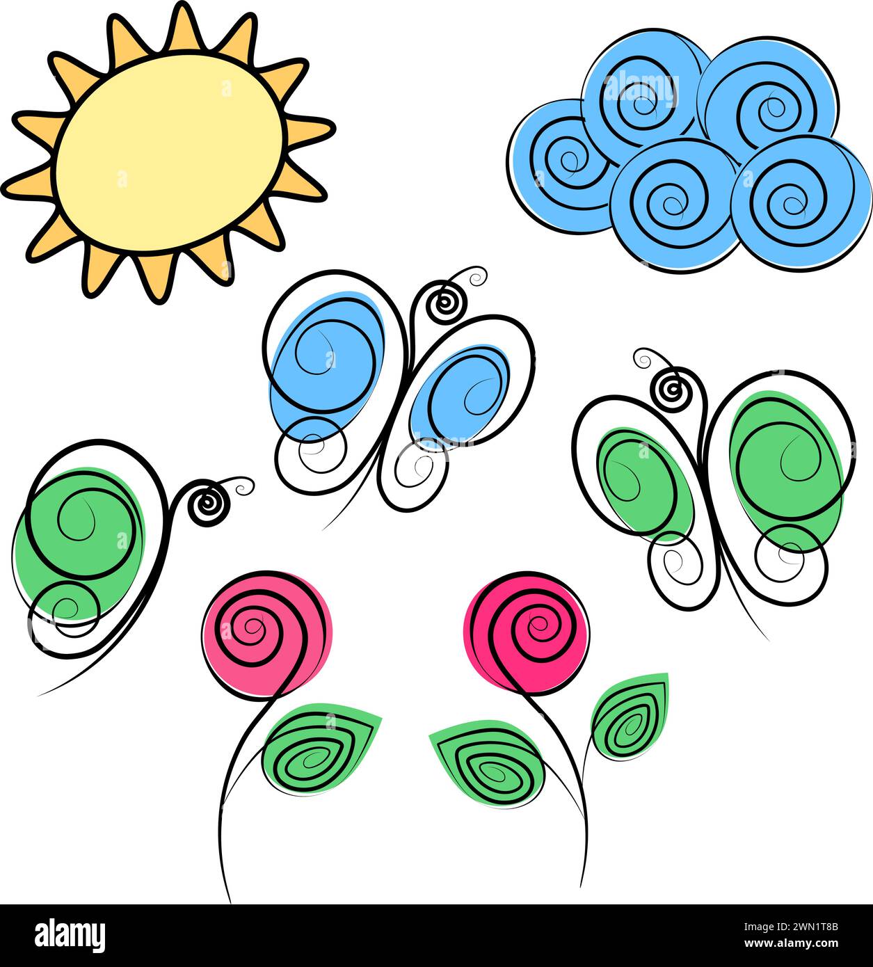 Sole, nuvola a spirale, farfalle e rose in fiore in tonalità di tendenza. SER di 7 elementi stilizzati. Isolare. EPS. Concetto vettoriale per biglietti di auguri o cartoline, poster, banner, affissioni, promozioni o Web Illustrazione Vettoriale