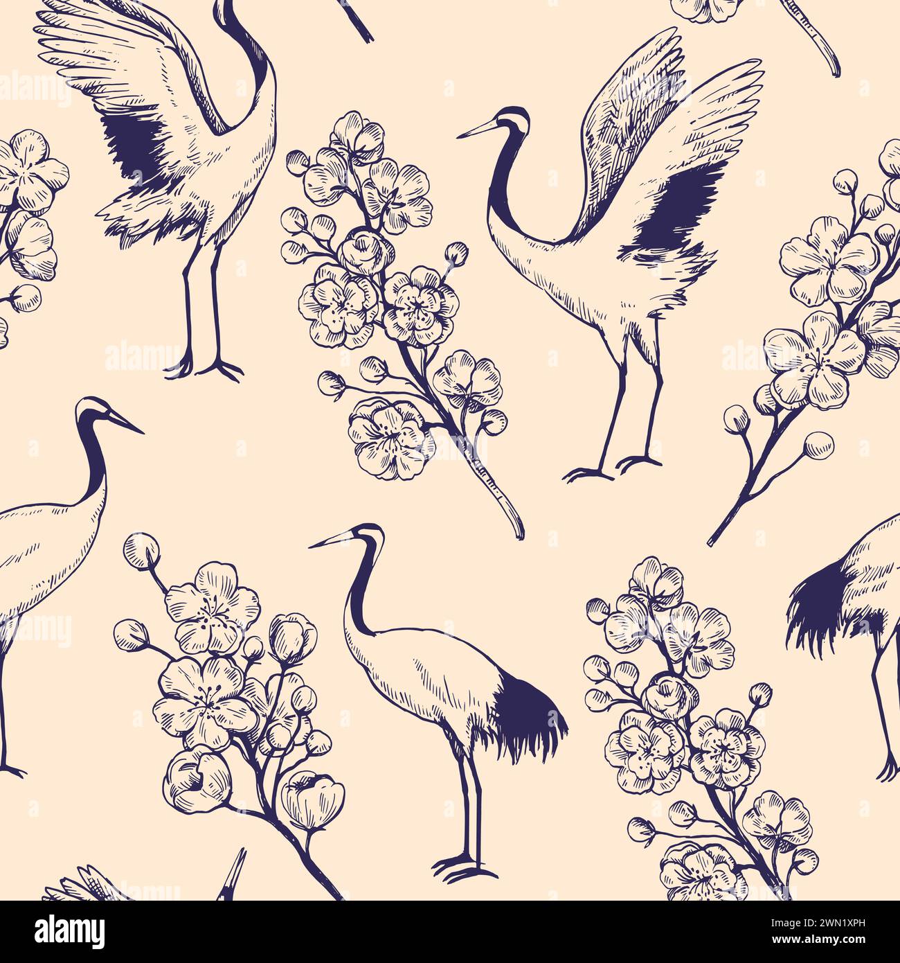Motivo senza cuciture con rami sakura in fiore e gru giapponesi danzanti. Disegno dell'inchiostro del contorno. Illustrazione vettoriale. Illustrazione Vettoriale