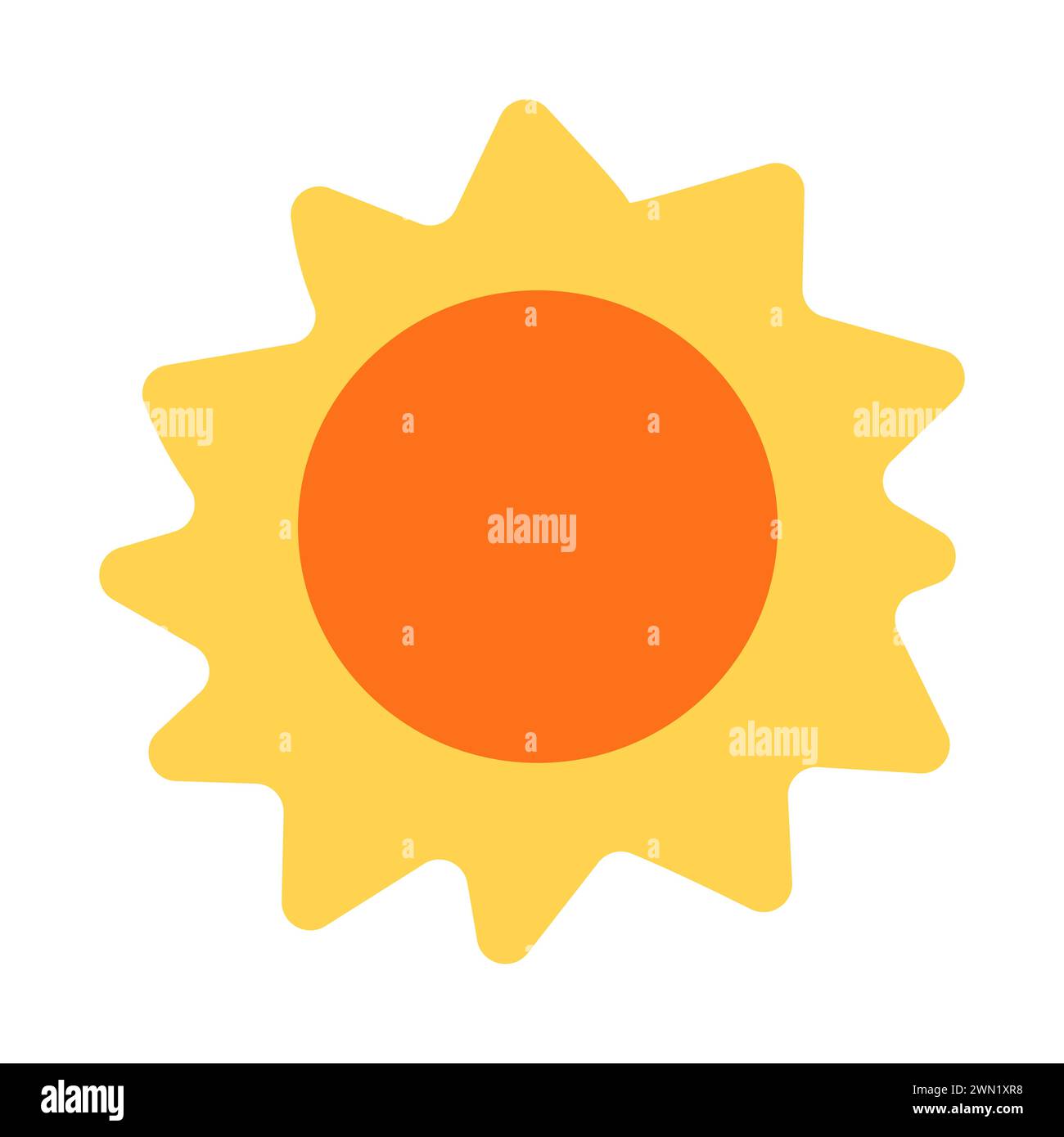 Icona luminosa del Sole. Stella nello spazio. I raggi forniscono calore e danno vita. Tempo soleggiato. Illustrazione vettoriale disegnata a mano per bambini. Elemento, oggetto Illustrazione Vettoriale